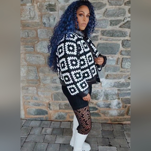 Miz Puffer Crochet: Detachable Contrast Knit Cardigan Vinyl Winter Coat L XL - Picture 14 of 17